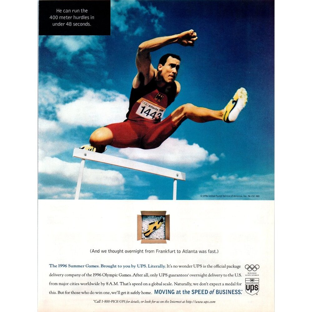 1996 UPS Atlanta Olympic Hurdler Vintage Print Ad Courier Sponsor 90s Wall Art